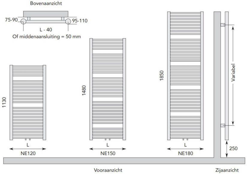 Instamat Badkamerradiator serie Nera 113 x 45 cm incl. bevestigingsset mat grijs