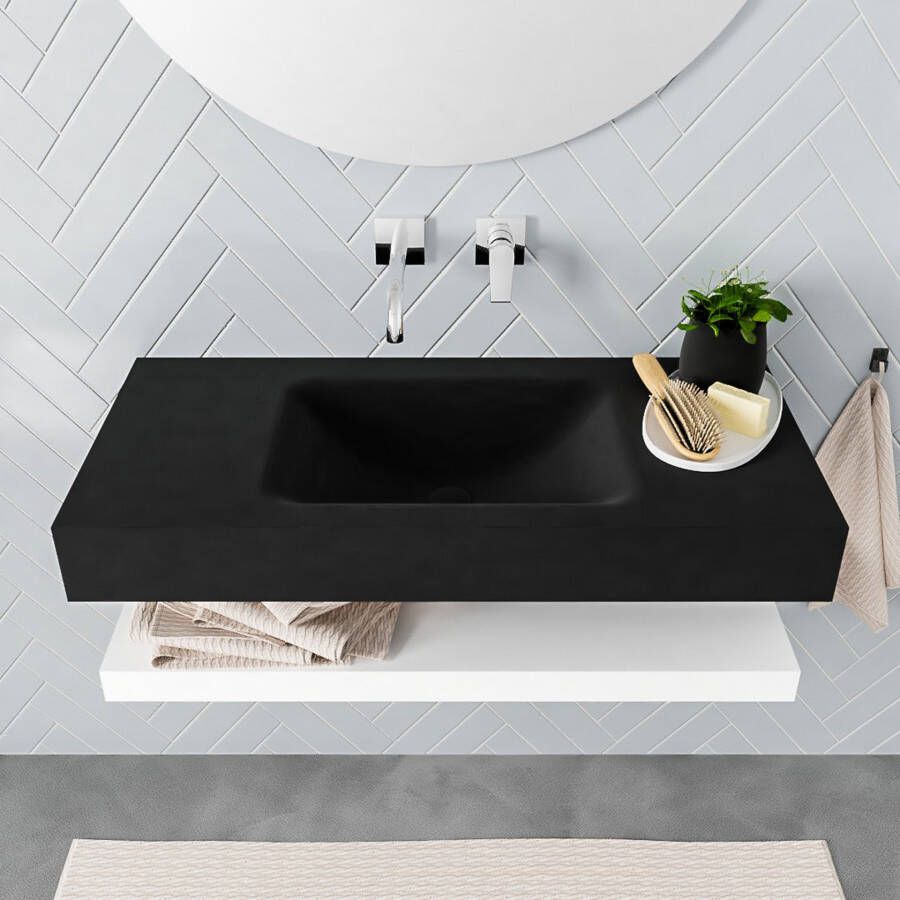 Mondiaz Alan badmeubel 100 cm solid suface planchet talc vrijhangend wastafel midden zonder kraangat wit