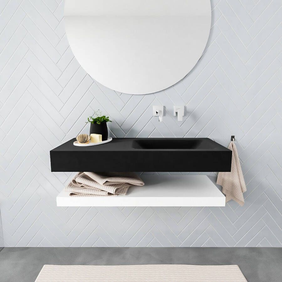 Mondiaz Alan badmeubel 100 cm solid suface planchet talc vrijhangend wastafel rechts zonder kraangat zwart
