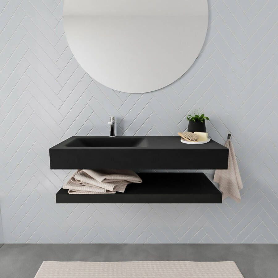 Mondiaz Alan badmeubel 100 cm solid suface planchet urban vrijhangend wastafel links 1 kraangat zwart