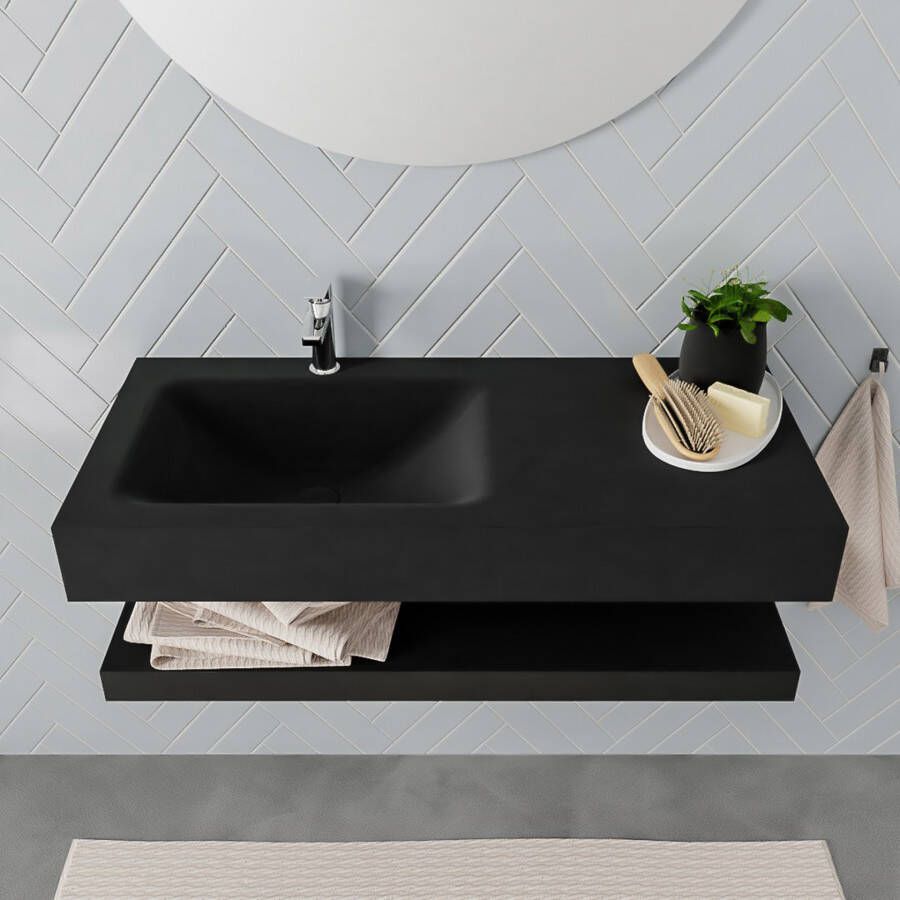 Mondiaz Alan badmeubel 100 cm solid suface planchet urban vrijhangend wastafel links 1 kraangat zwart