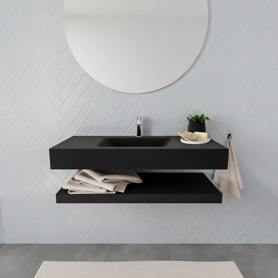 Mondiaz Alan badmeubel 100 cm solid suface planchet urban vrijhangend wastafel midden 1 kraangat zwart