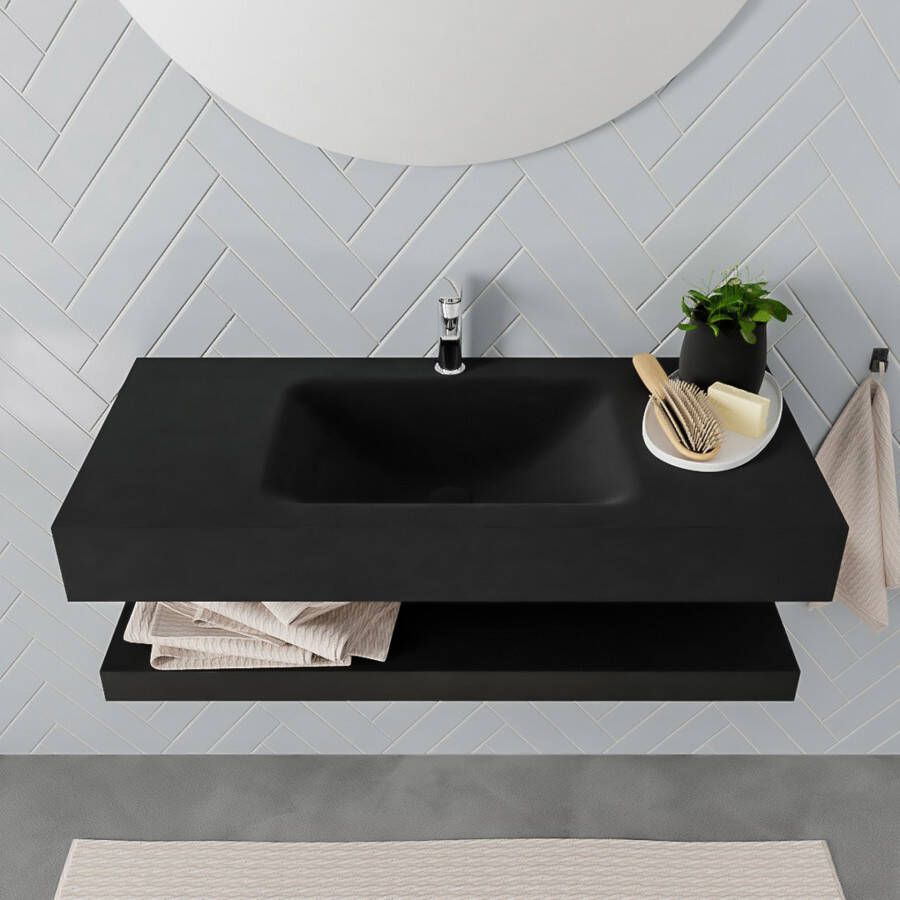 Mondiaz Alan badmeubel 100 cm solid suface planchet urban vrijhangend wastafel midden 1 kraangat zwart