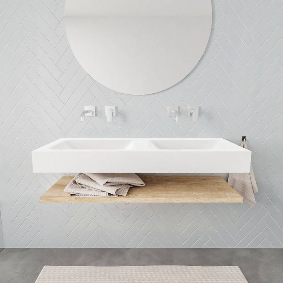 Mondiaz Alan badmeubel 120 cm planchet washed oak vrijhangend wastafel dubbel zonder kraangat wit