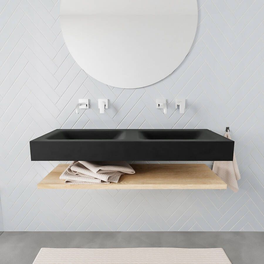 Mondiaz Alan badmeubel 120 cm planchet washed oak vrijhangend wastafel dubbel zonder kraangat zwart