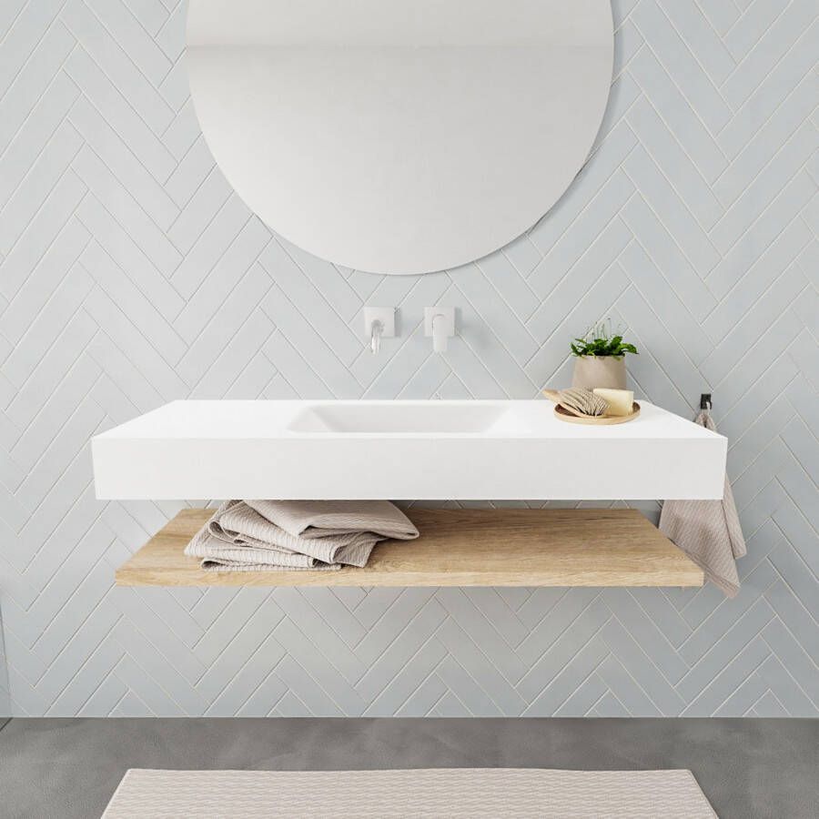 Mondiaz Alan badmeubel 120 cm planchet washed oak vrijhangend wastafel midden zonder kraangat wit