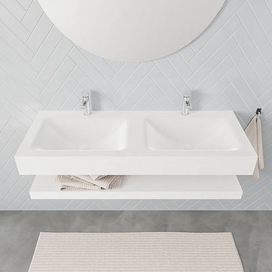 Mondiaz Alan badmeubel 120 cm solid suface planchet talc vrijhangend wastafel dubbel 2 kraangaten wit