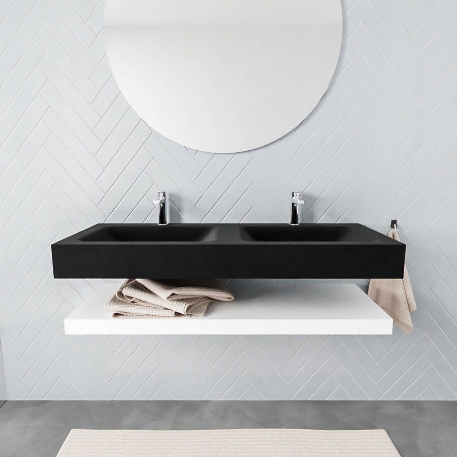 Mondiaz Alan badmeubel 120 cm solid suface planchet talc vrijhangend wastafel dubbel 2 kraangaten zwart