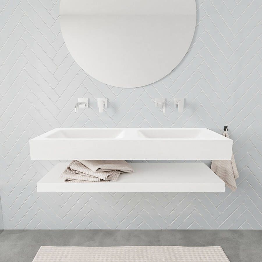 Mondiaz Alan badmeubel 120 cm solid suface planchet talc vrijhangend wastafel dubbel zonder kraangat wit