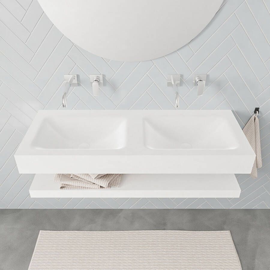 Mondiaz Alan badmeubel 120 cm solid suface planchet talc vrijhangend wastafel dubbel zonder kraangat wit