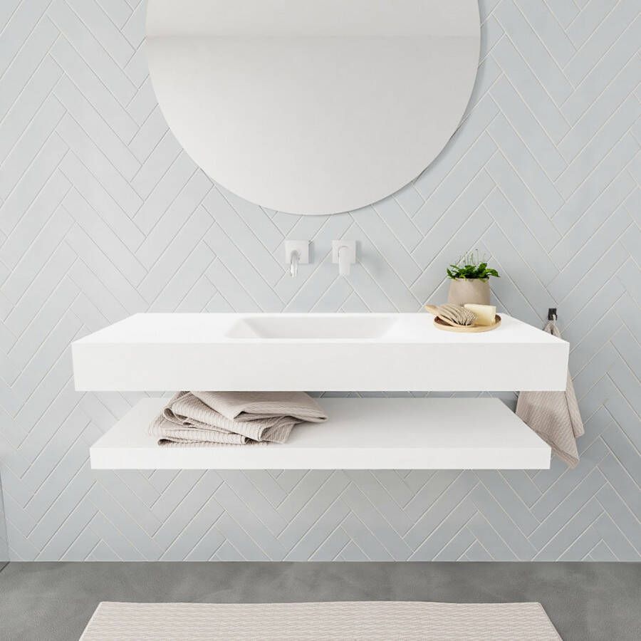 Mondiaz Alan badmeubel 120 cm solid suface planchet talc vrijhangend wastafel midden zonder kraangat wit