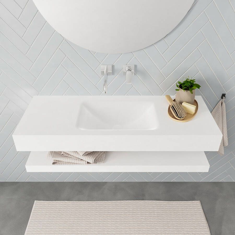 Mondiaz Alan badmeubel 120 cm solid suface planchet talc vrijhangend wastafel midden zonder kraangat wit