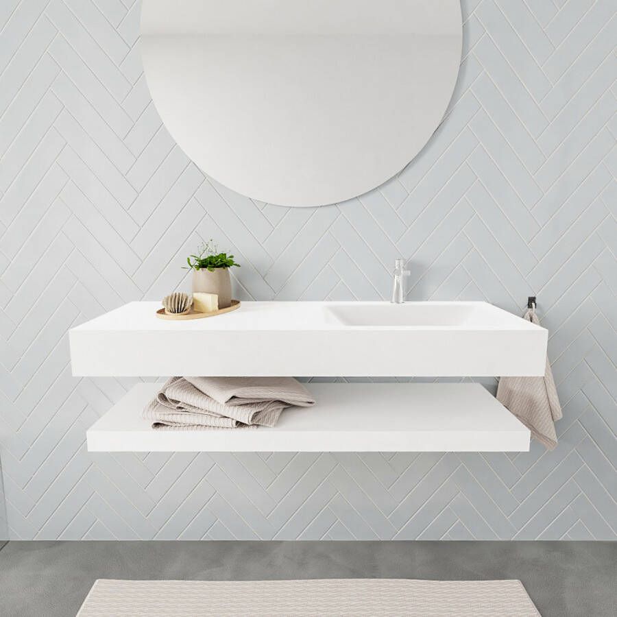 Mondiaz Alan badmeubel 120 cm solid suface planchet talc vrijhangend wastafel rechts 1 kraangat wit