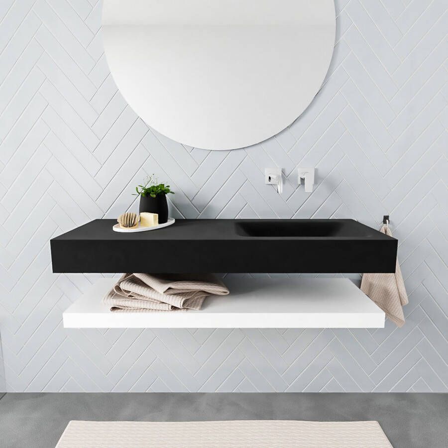 Mondiaz Alan badmeubel 120 cm solid suface planchet talc vrijhangend wastafel rechts zonder kraangat zwart