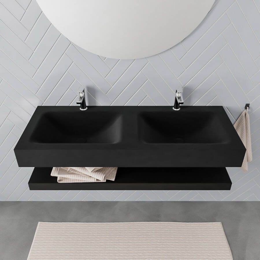 Mondiaz Alan badmeubel 120 cm solid suface planchet urban vrijhangend wastafel dubbel 2 kraangaten zwart