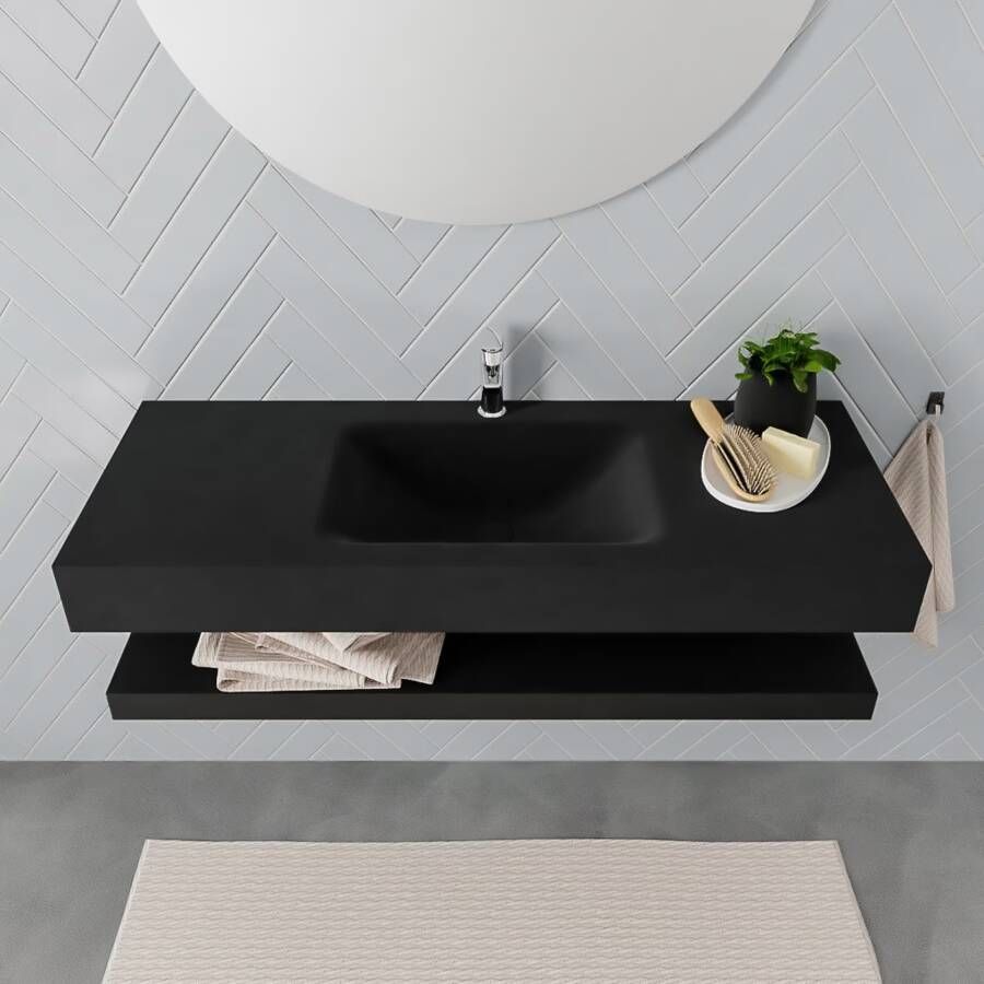 Mondiaz Alan badmeubel 120 cm solid suface planchet urban vrijhangend wastafel midden 1 kraangat zwart