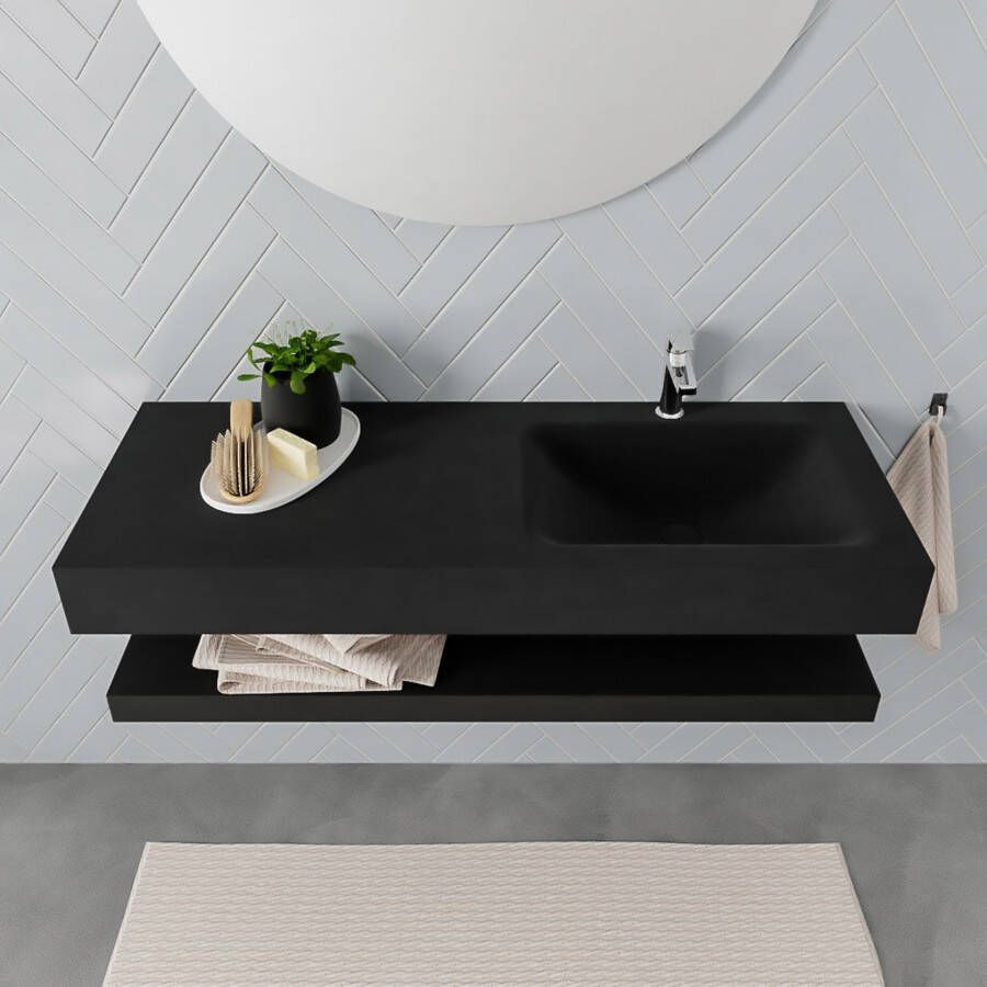 Mondiaz Alan badmeubel 120 cm solid suface planchet urban vrijhangend wastafel rechts 1 kraangat zwart