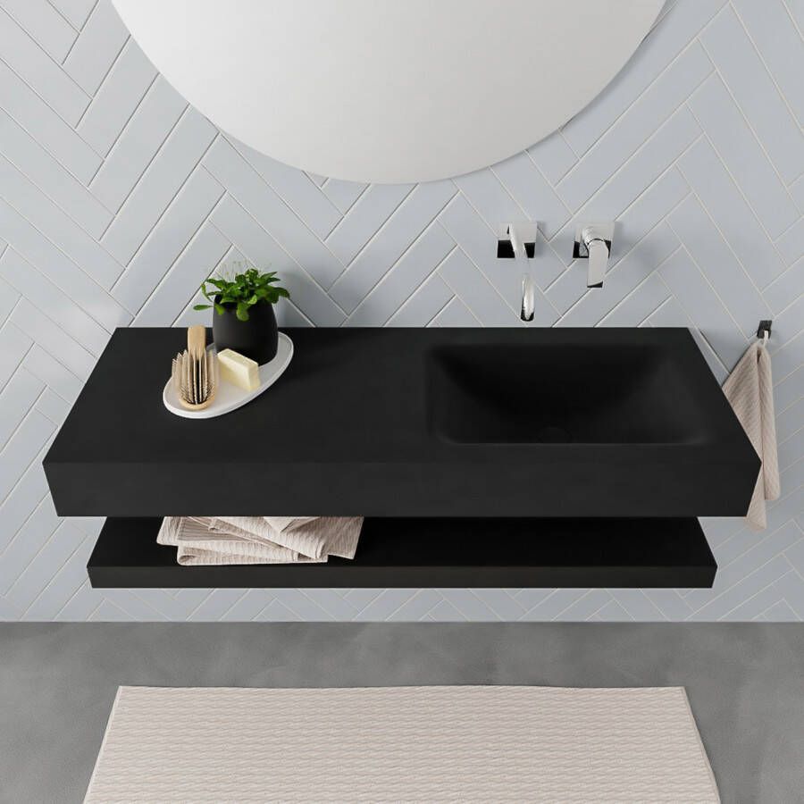 Mondiaz Alan badmeubel 120 cm solid suface planchet urban vrijhangend wastafel rechts zonder kraangat zwart