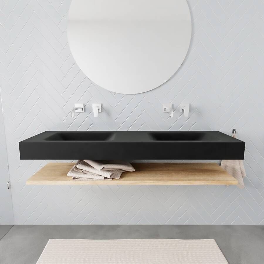 Mondiaz Alan badmeubel 150 cm planchet washed oak vrijhangend wastafel dubbel zonder kraangat zwart