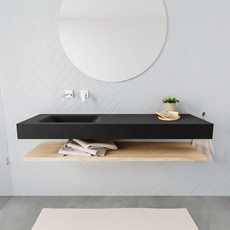 Mondiaz Alan badmeubel 150 cm planchet washed oak vrijhangend wastafel links zonder kraangat zwart