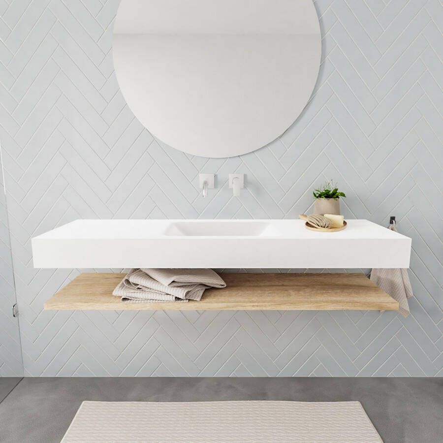 Mondiaz Alan badmeubel 150 cm planchet washed oak vrijhangend wastafel midden zonder kraangat wit