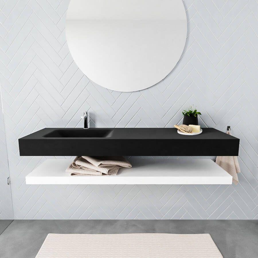 Mondiaz Alan badmeubel 150 cm solid suface planchet talc vrijhangend wastafel links 1 kraangat zwart