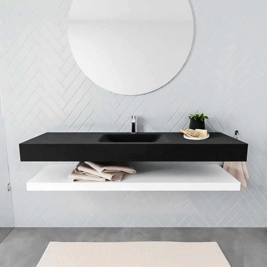 Mondiaz Alan badmeubel 150 cm solid suface planchet talc vrijhangend wastafel midden 1 kraangat zwart