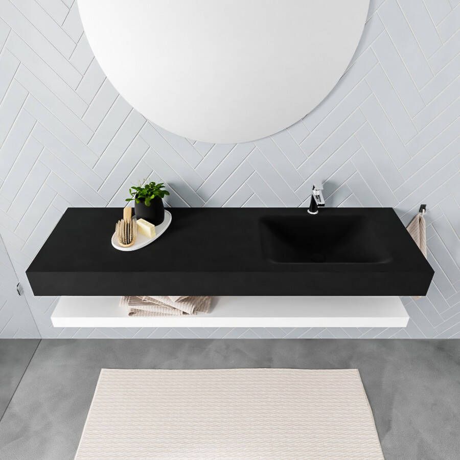 Mondiaz Alan badmeubel 150 cm solid suface planchet talc vrijhangend wastafel rechts 1 kraangat zwart