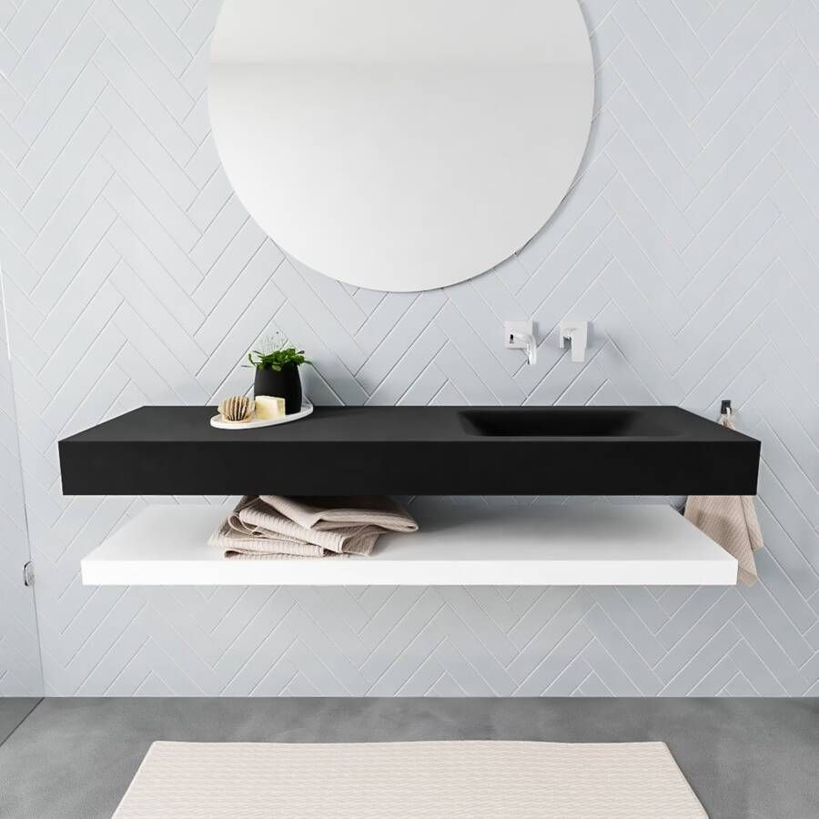 Mondiaz Alan badmeubel 150 cm solid suface planchet talc vrijhangend wastafel rechts zonder kraangat zwart