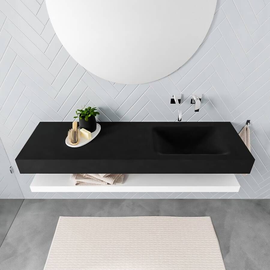 Mondiaz Alan badmeubel 150 cm solid suface planchet talc vrijhangend wastafel rechts zonder kraangat zwart