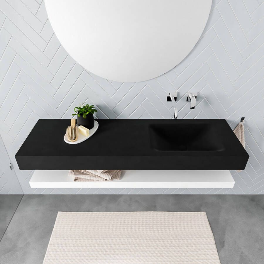 Mondiaz Alan badmeubel 150 cm solid suface planchet talc vrijhangend wastafel rechts zonder kraangat wit