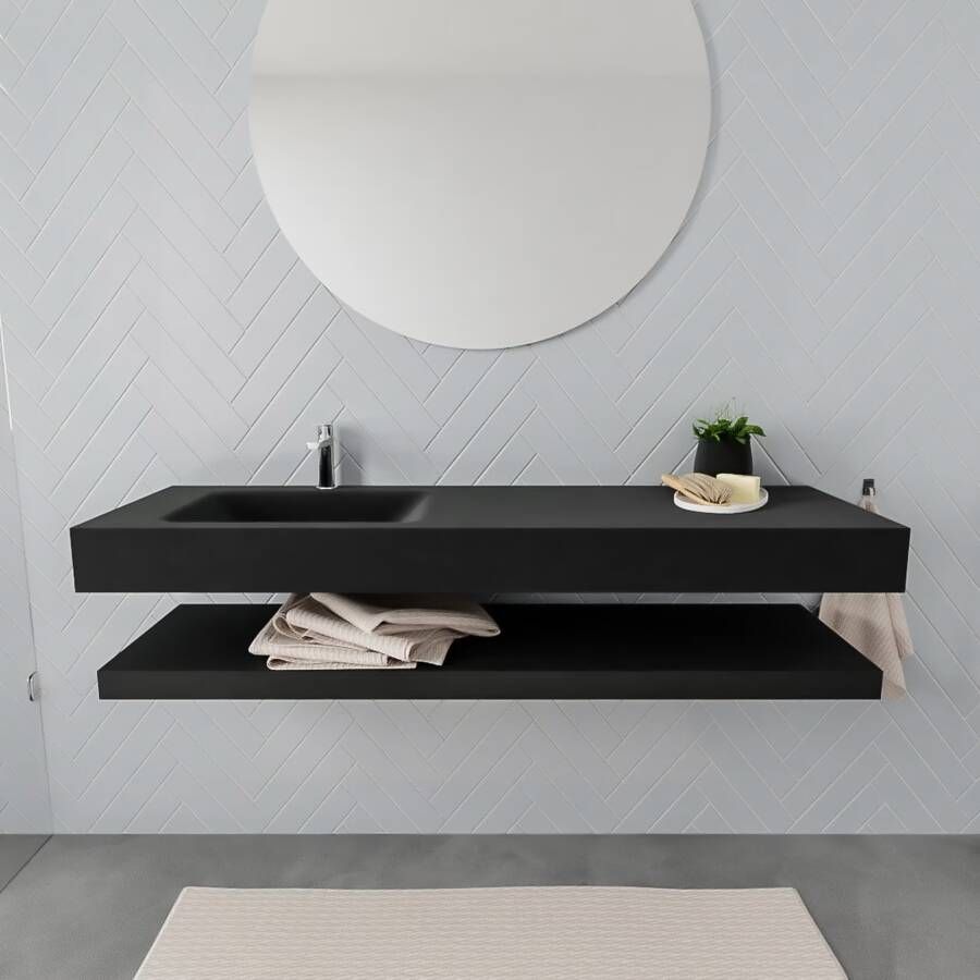Mondiaz Alan badmeubel 150 cm solid suface planchet urban vrijhangend wastafel links 1 kraangat zwart