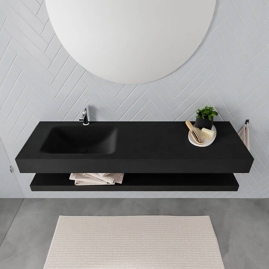 Mondiaz Alan badmeubel 150 cm solid suface planchet urban vrijhangend wastafel links 1 kraangat zwart