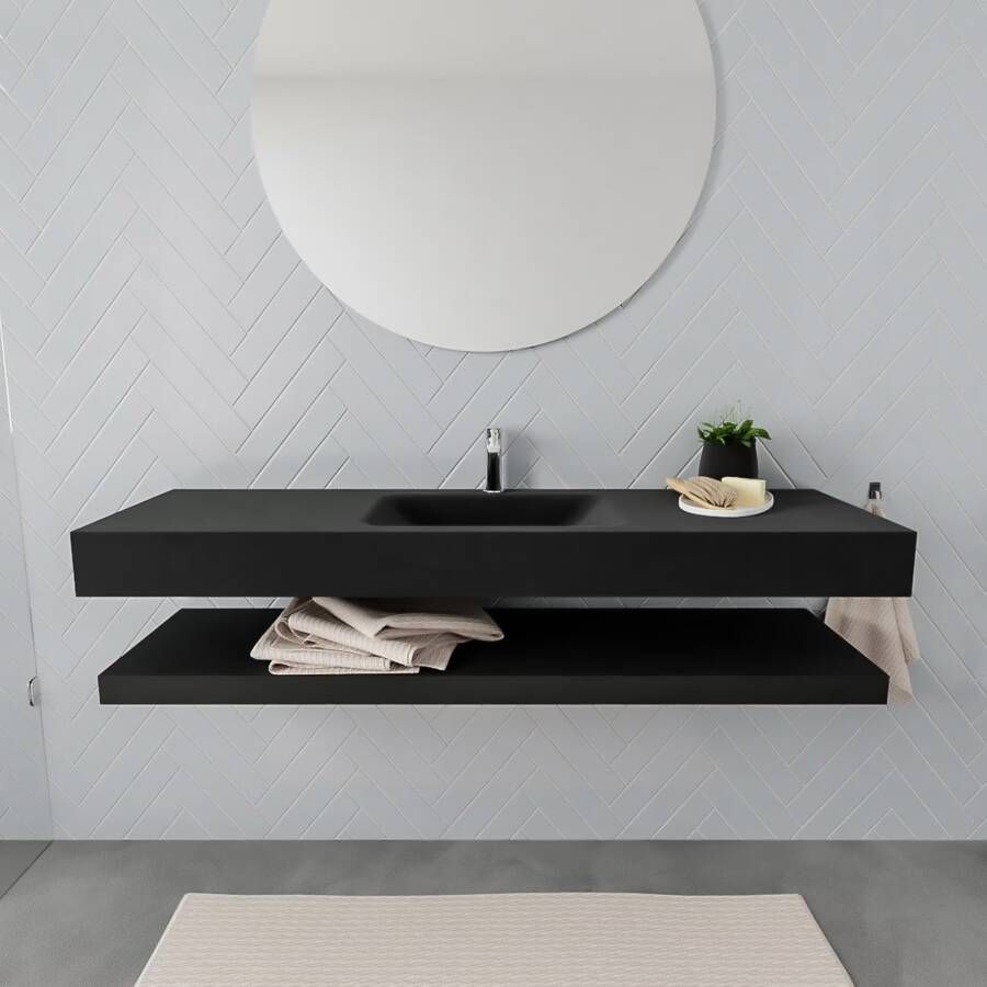 Mondiaz Alan badmeubel 150 cm solid suface planchet urban vrijhangend wastafel midden 1 kraangat zwart
