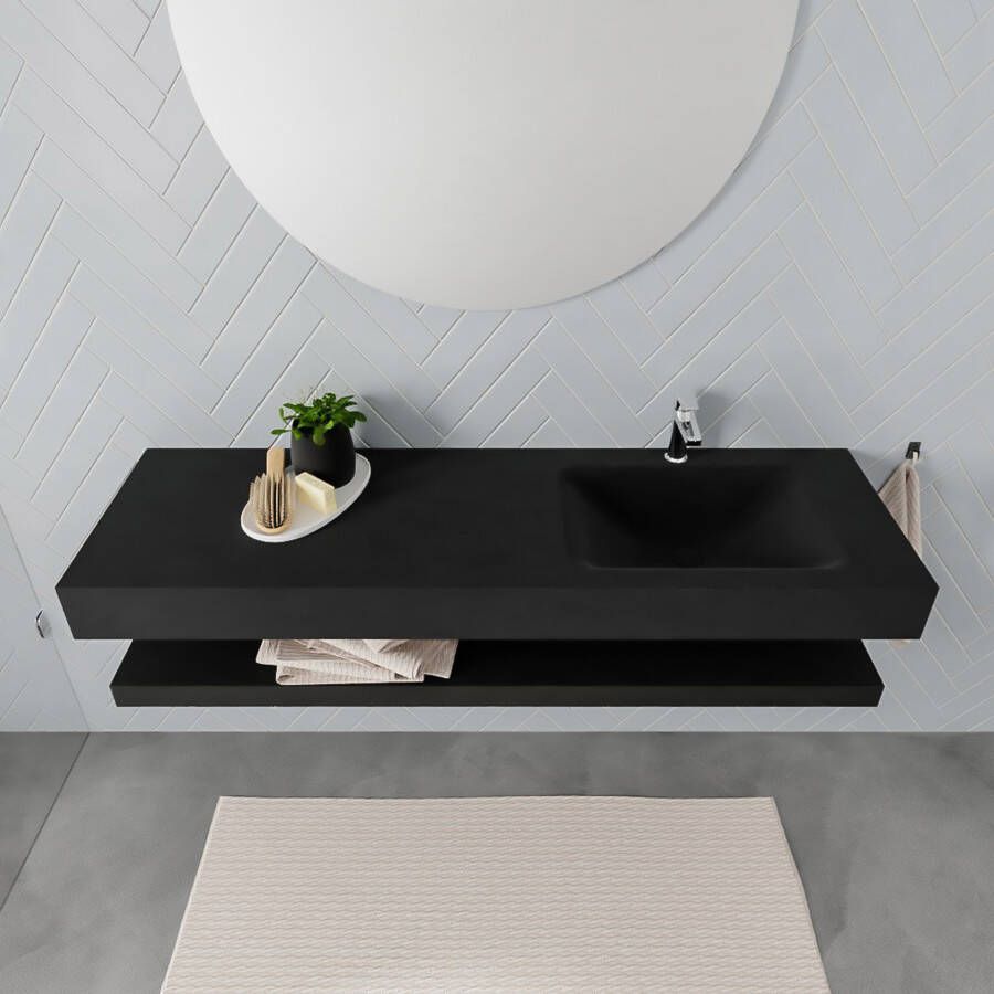 Mondiaz Alan badmeubel 150 cm solid suface planchet urban vrijhangend wastafel rechts 1 kraangat zwart
