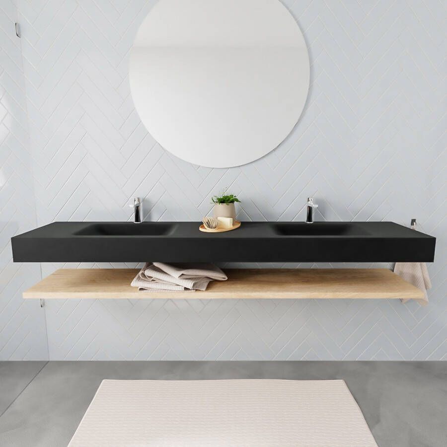 Mondiaz Alan badmeubel 200 cm planchet washed oak vrijhangend wastafel dubbel 2 kraangaten zwart