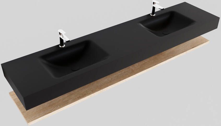 Mondiaz Alan badmeubel 200 cm planchet washed oak vrijhangend wastafel dubbel 2 kraangaten zwart
