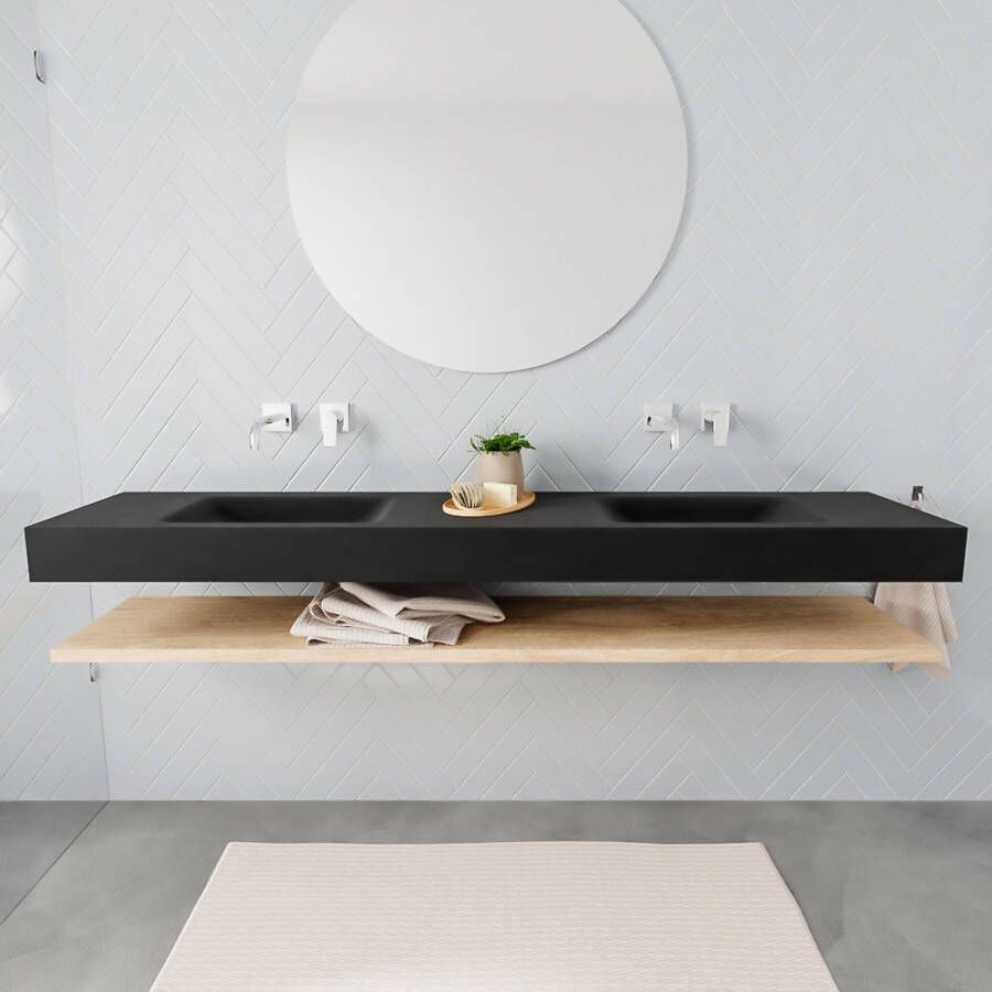 Mondiaz Alan badmeubel 200 cm planchet washed oak vrijhangend wastafel dubbel zonder kraangat zwart
