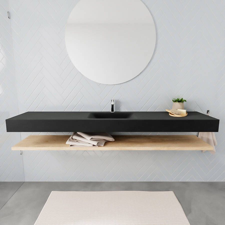 Mondiaz Alan badmeubel 200 cm planchet washed oak vrijhangend wastafel midden 1 kraangat zwart