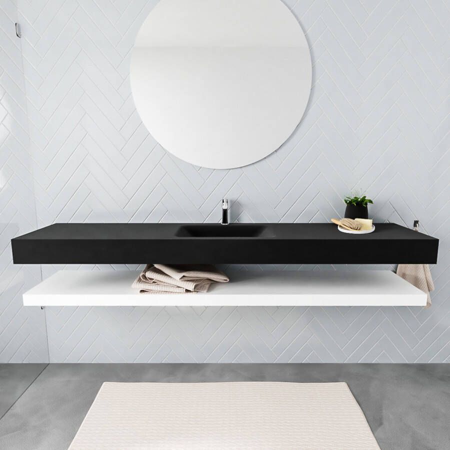 Mondiaz Alan badmeubel 200 cm solid suface planchet talc vrijhangend wastafel midden 1 kraangat zwart