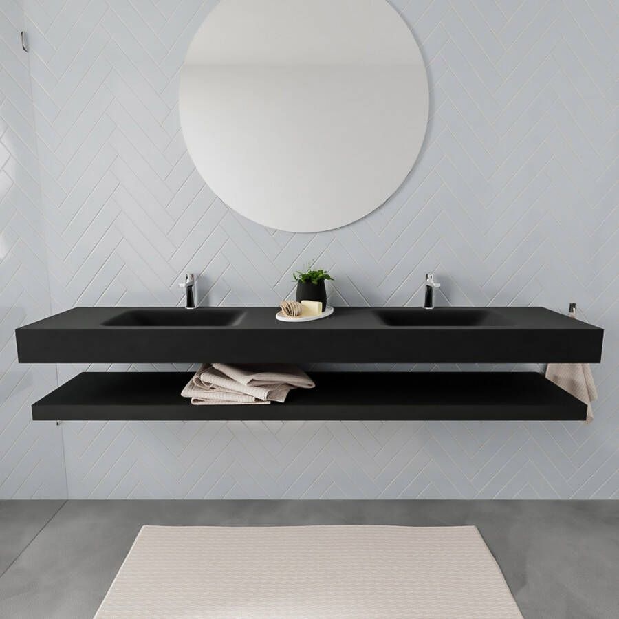 Mondiaz Alan badmeubel 200 cm solid suface planchet urban vrijhangend wastafel dubbel 2 kraangaten zwart