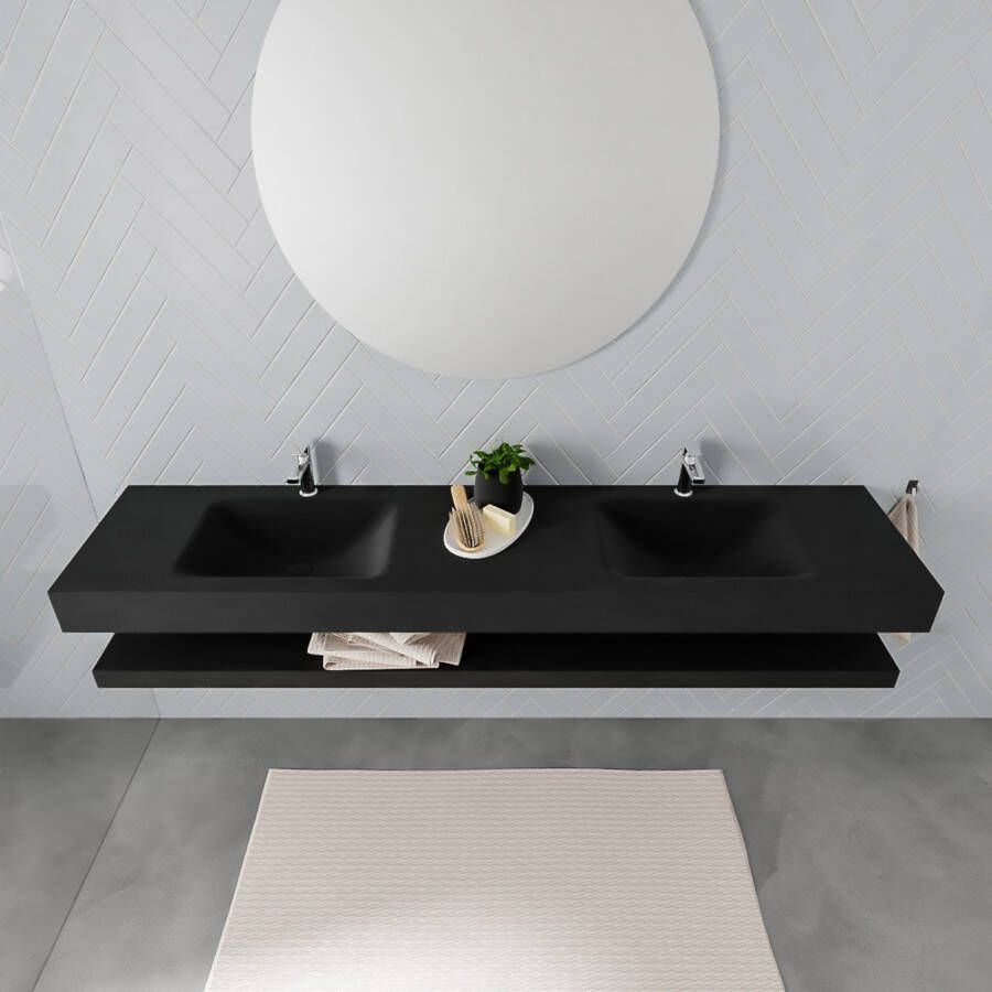 Mondiaz Alan badmeubel 200 cm solid suface planchet urban vrijhangend wastafel dubbel 2 kraangaten zwart