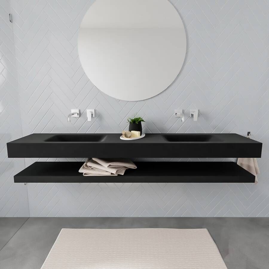 Mondiaz Alan badmeubel 200 cm solid suface planchet urban vrijhangend wastafel dubbel zonder kraangat zwart