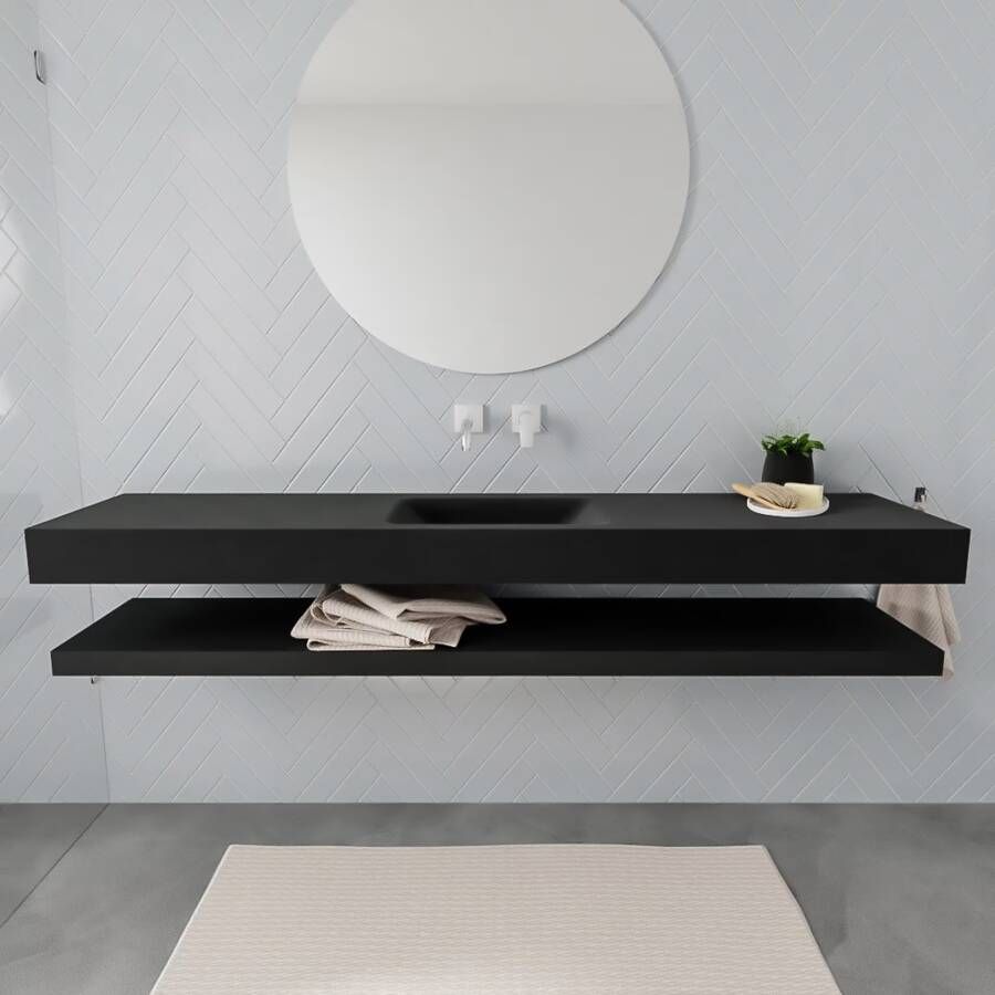 Mondiaz Alan badmeubel 200 cm solid suface planchet urban vrijhangend wastafel midden zonder kraangat zwart