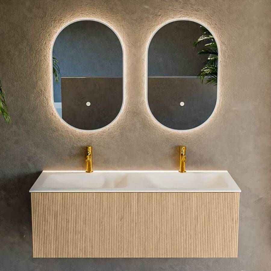 Mondiaz Badmeubel Kurve | 120 cm | Meubelkleur Oak | Wastafelkleur Talc | Dubbele spoelbak | 2 kraangaten