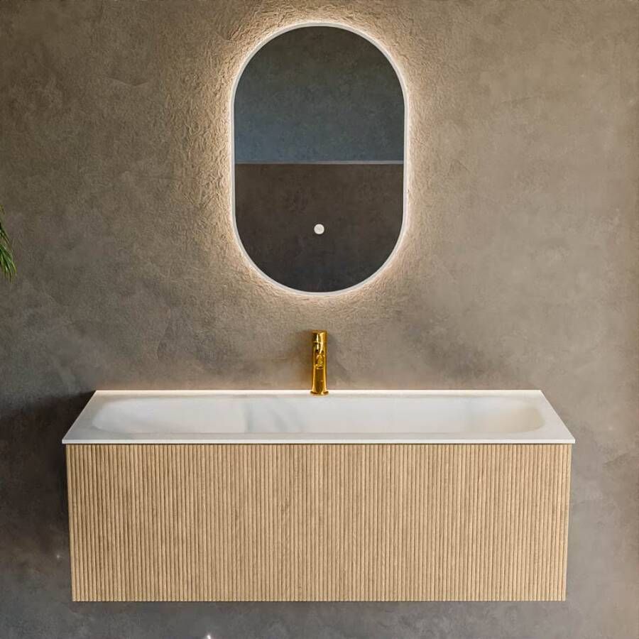 Mondiaz Badmeubel Kurve | 120 cm | Meubelkleur Oak | Wastafelkleur Talc | Midden spoelbak | 1 kraangat