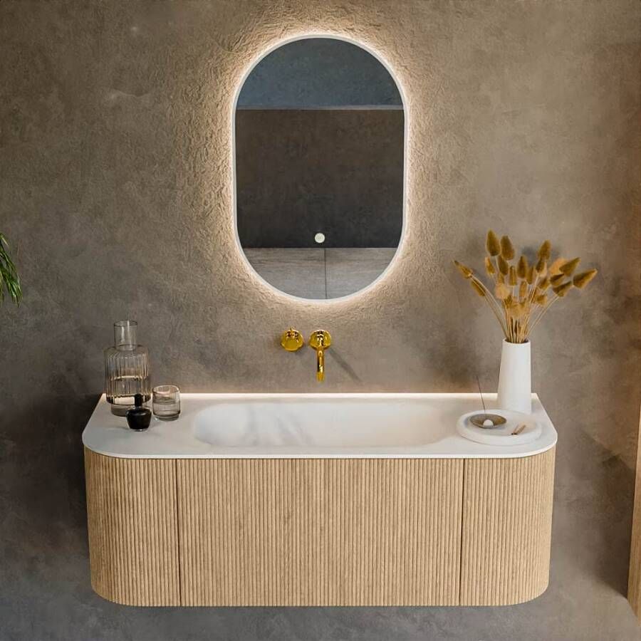 Mondiaz Badmeubel Kurve | 120 cm | Meubelkleur Oak | Wastafelkleur Talc | Midden spoelbak | Zonder kraangaten