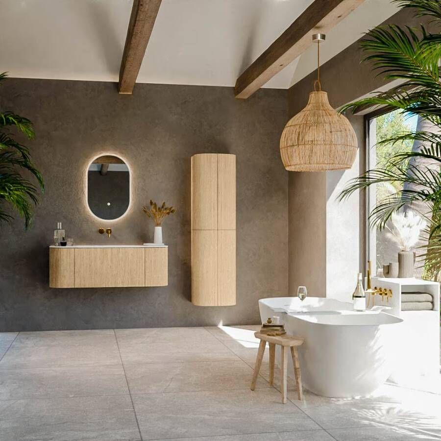 Mondiaz Badmeubel Kurve | 120 cm | Meubelkleur Oak | Wastafelkleur Talc | Midden spoelbak | Zonder kraangaten