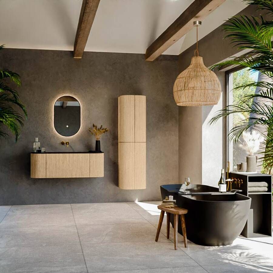 Mondiaz Badmeubel Kurve | 120 cm | Meubelkleur Oak | Wastafelkleur Urban | Midden spoelbak | Zonder kraangaten