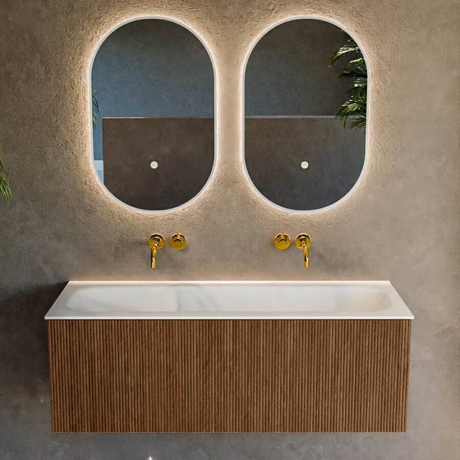 Mondiaz Badmeubel Kurve | 120 cm | Meubelkleur Walnut | Wastafelkleur Talc | Midden spoelbak | Zonder kraangaten